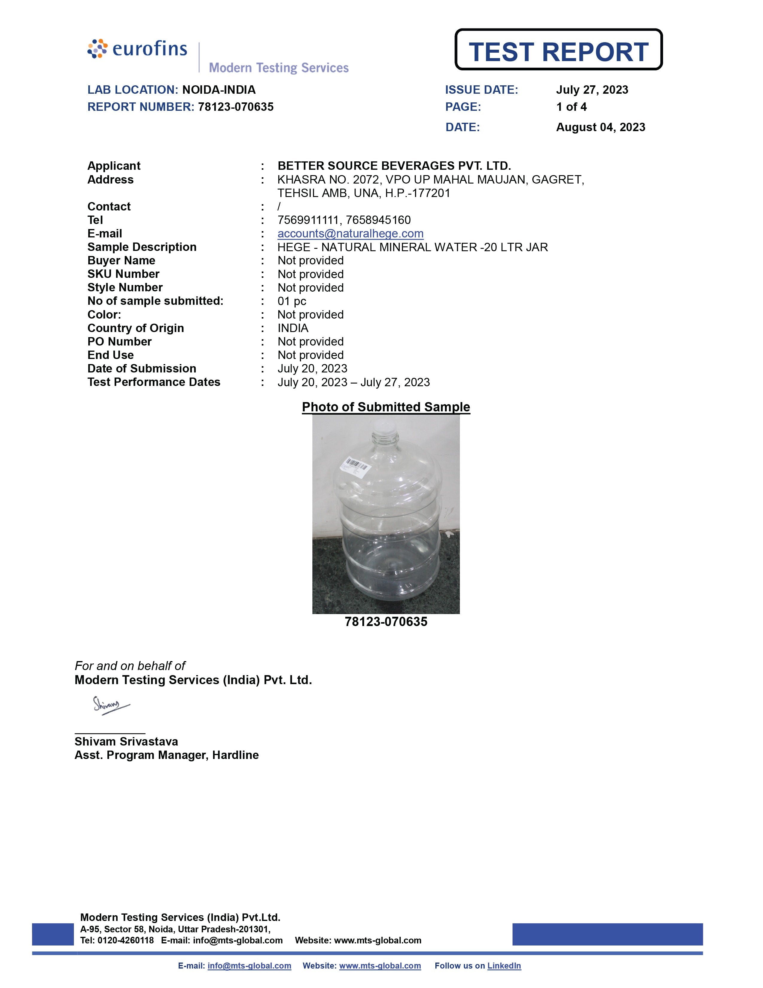 BPA Free Hege Alkaline Water Can Test Report