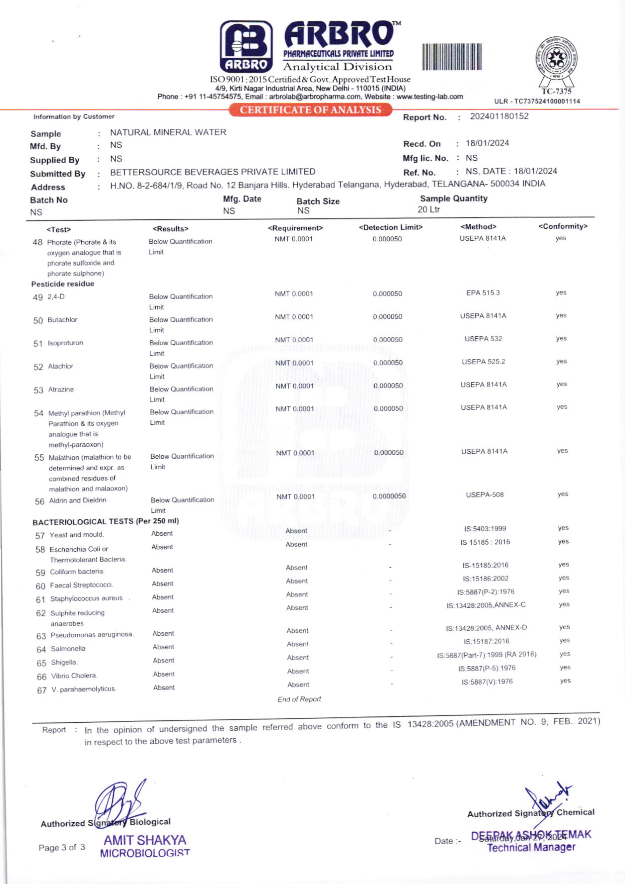 Lab Reports Of Natural Mineral Alkaline Water - Hege