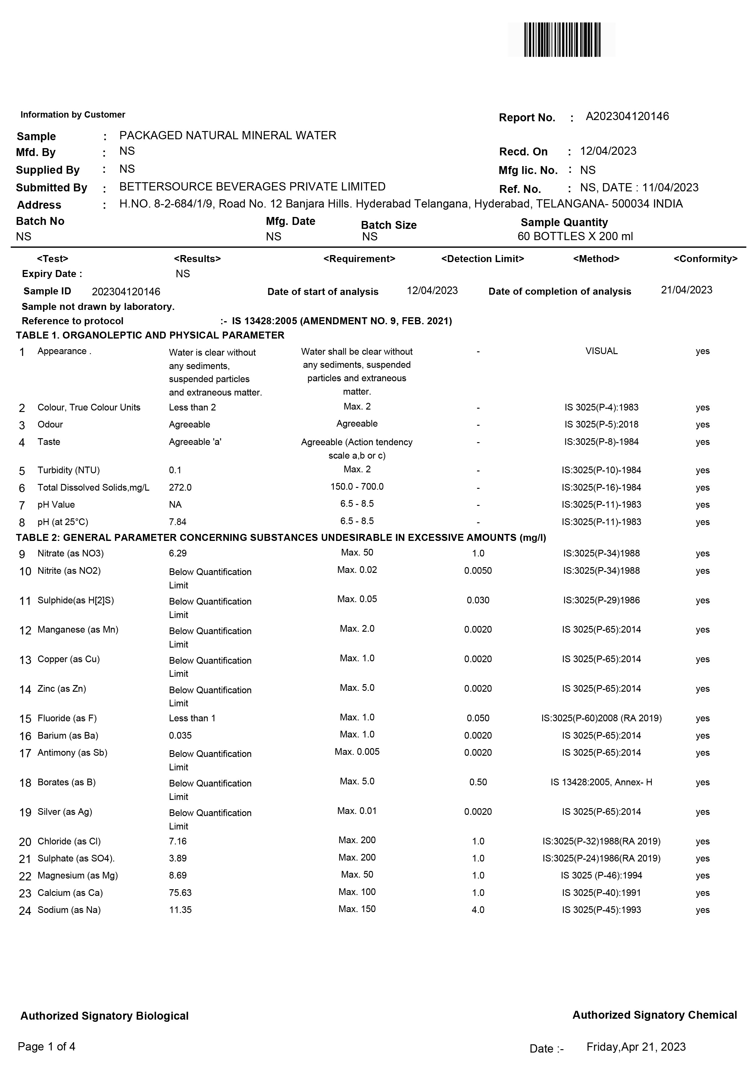 Lab Reports Of Natural Mineral Alkaline Water - Hege