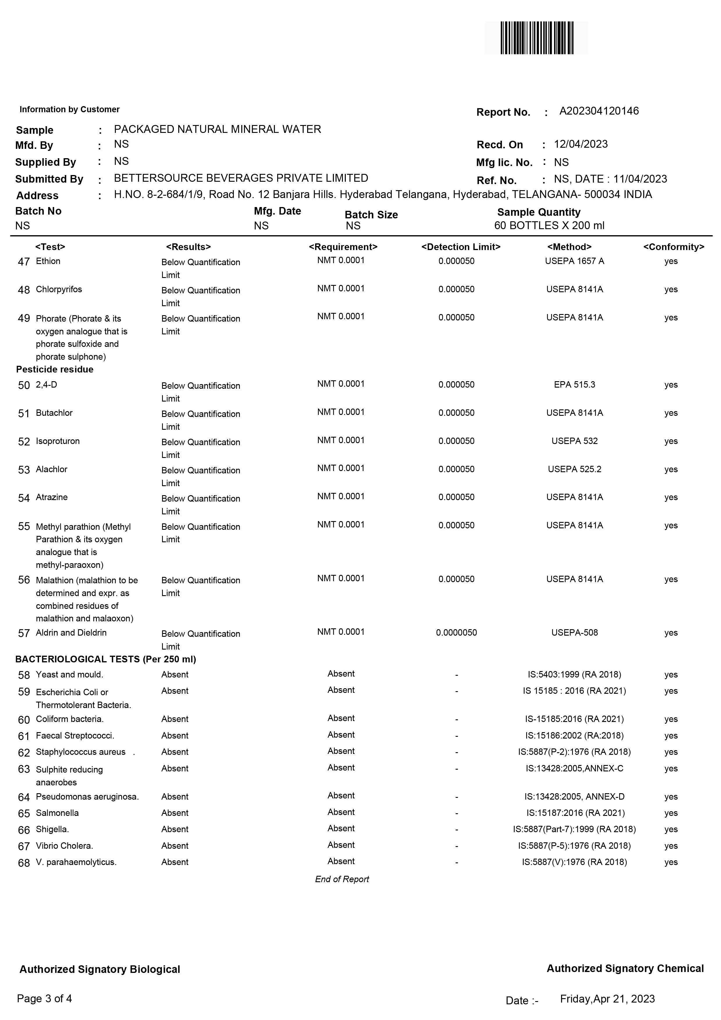 Lab Reports of Natural Mineral Alkaline Water - Hege