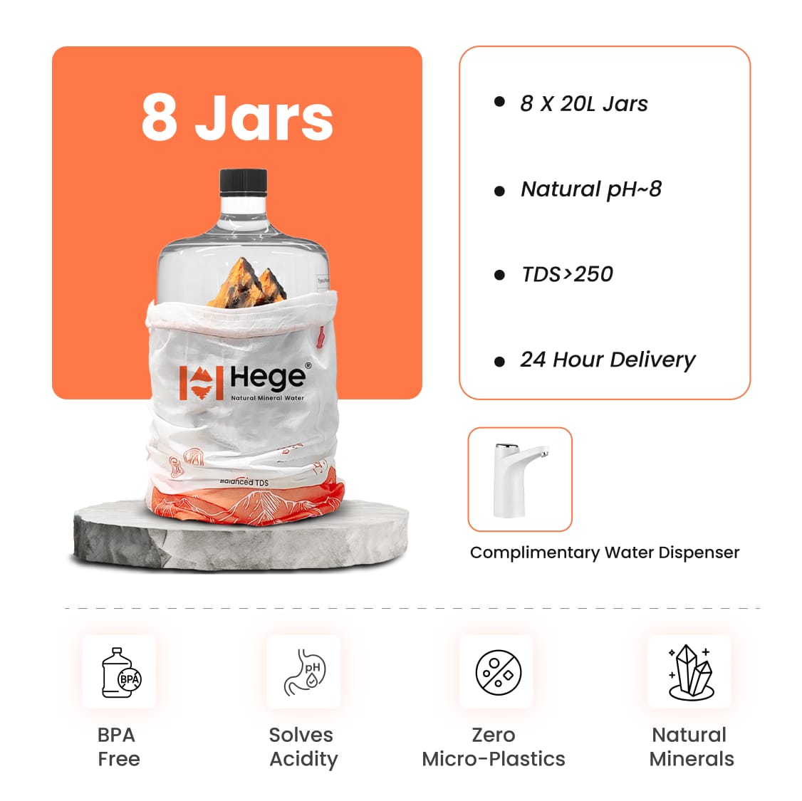 8 X 20L Hege Natural Mineral Water | Natural pH~8 | TDS>250 | 24 Hour Delivery.