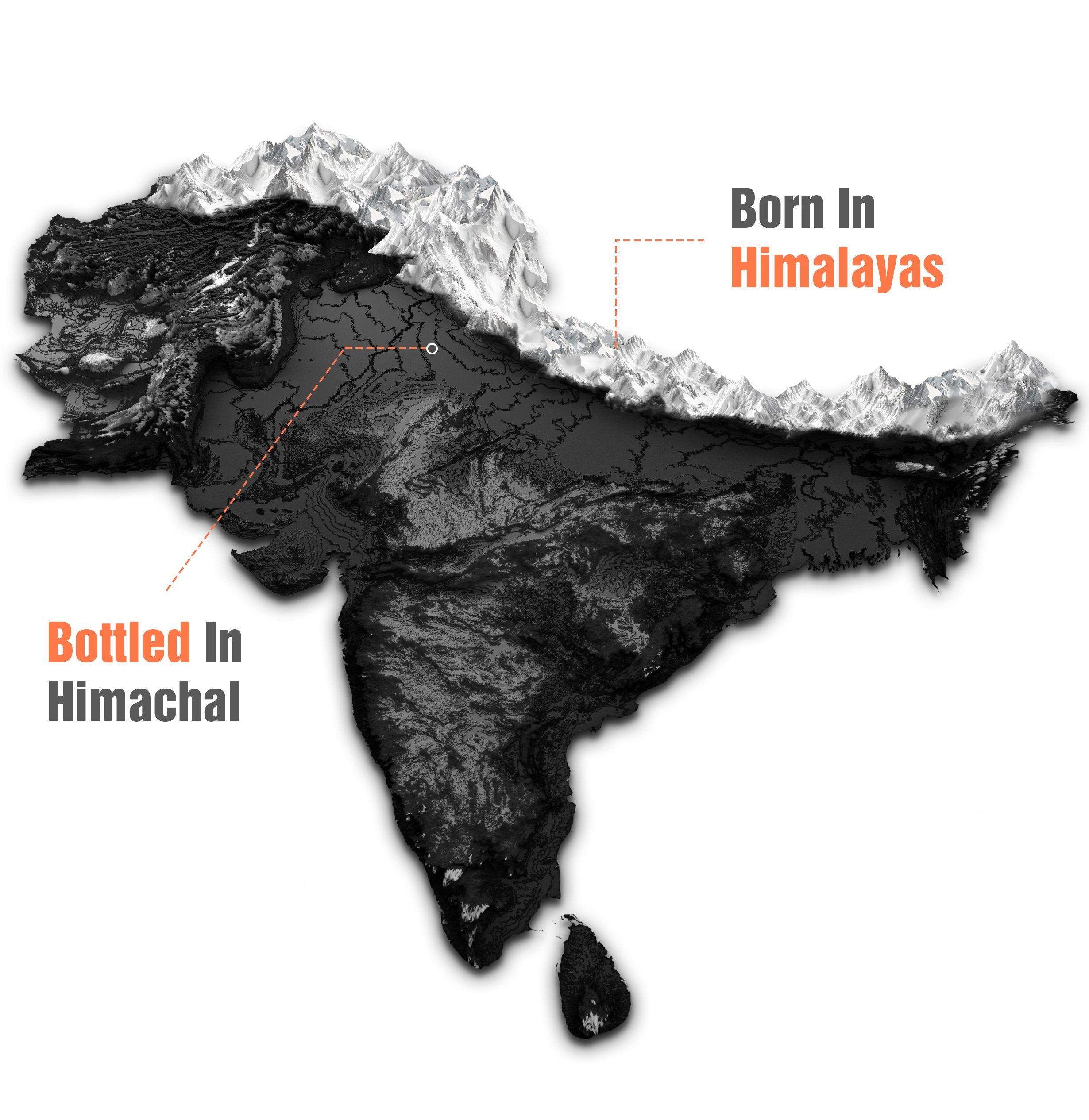 Creative image of India highlighting the source and bottling location of Hege natural mineral water. Sourced from the heights of the Himalayas in the Shivalik ranges of West Himachal Pradesh, with water flowing from the pristine Himalayan origins.