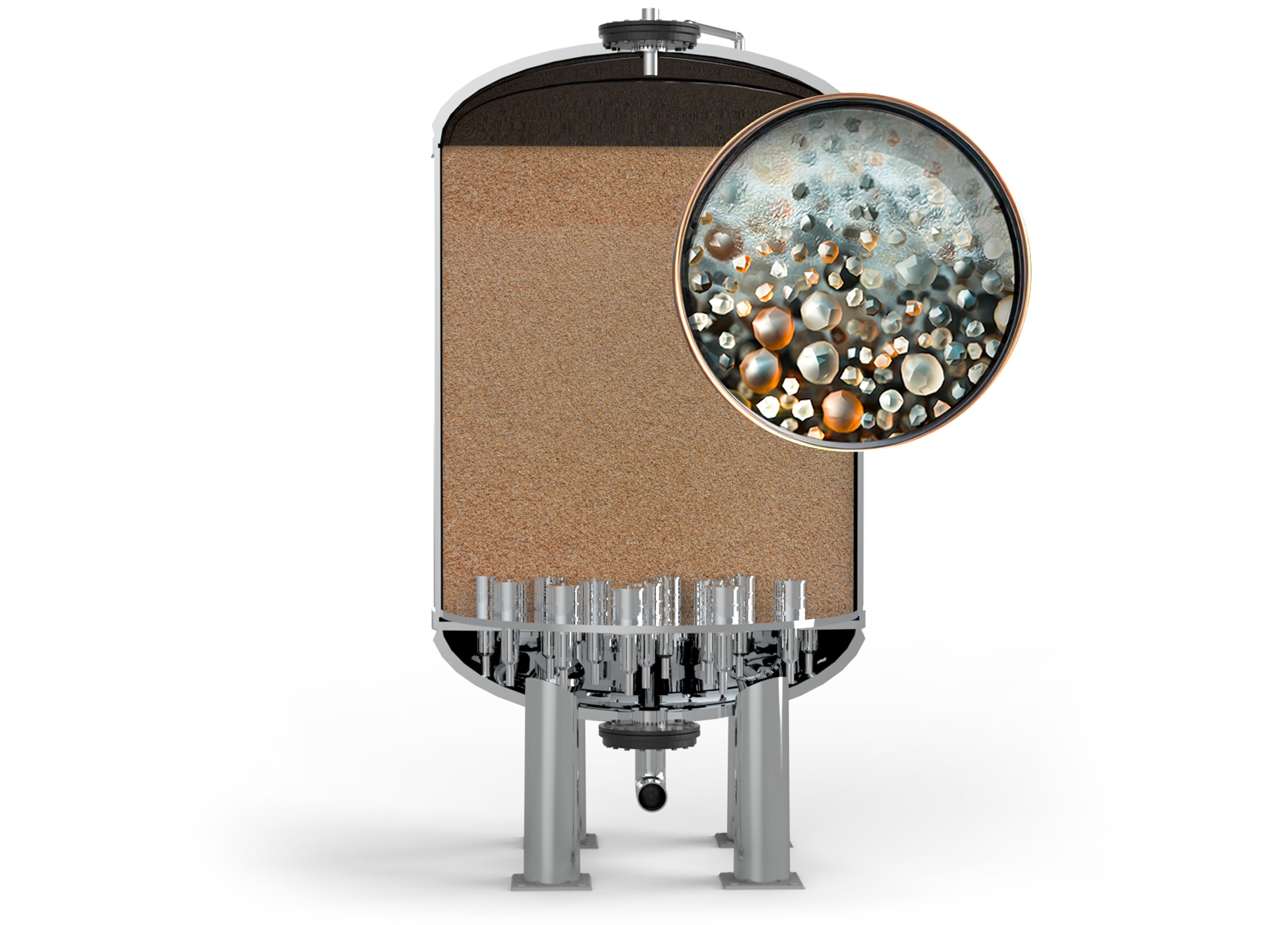 3D icon illustrating Hege’s sand filtration process. Each droplet passes through 2 tons of fine 0.45 mm sand, followed by 0.01 mm micro-filters, and three rounds of cotton fibre filtration, ensuring thorough purification from external pollutants.